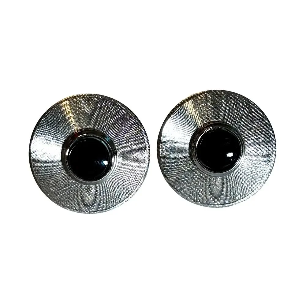 Mid Century silver textured round cufflinks with black enamel centers vintage